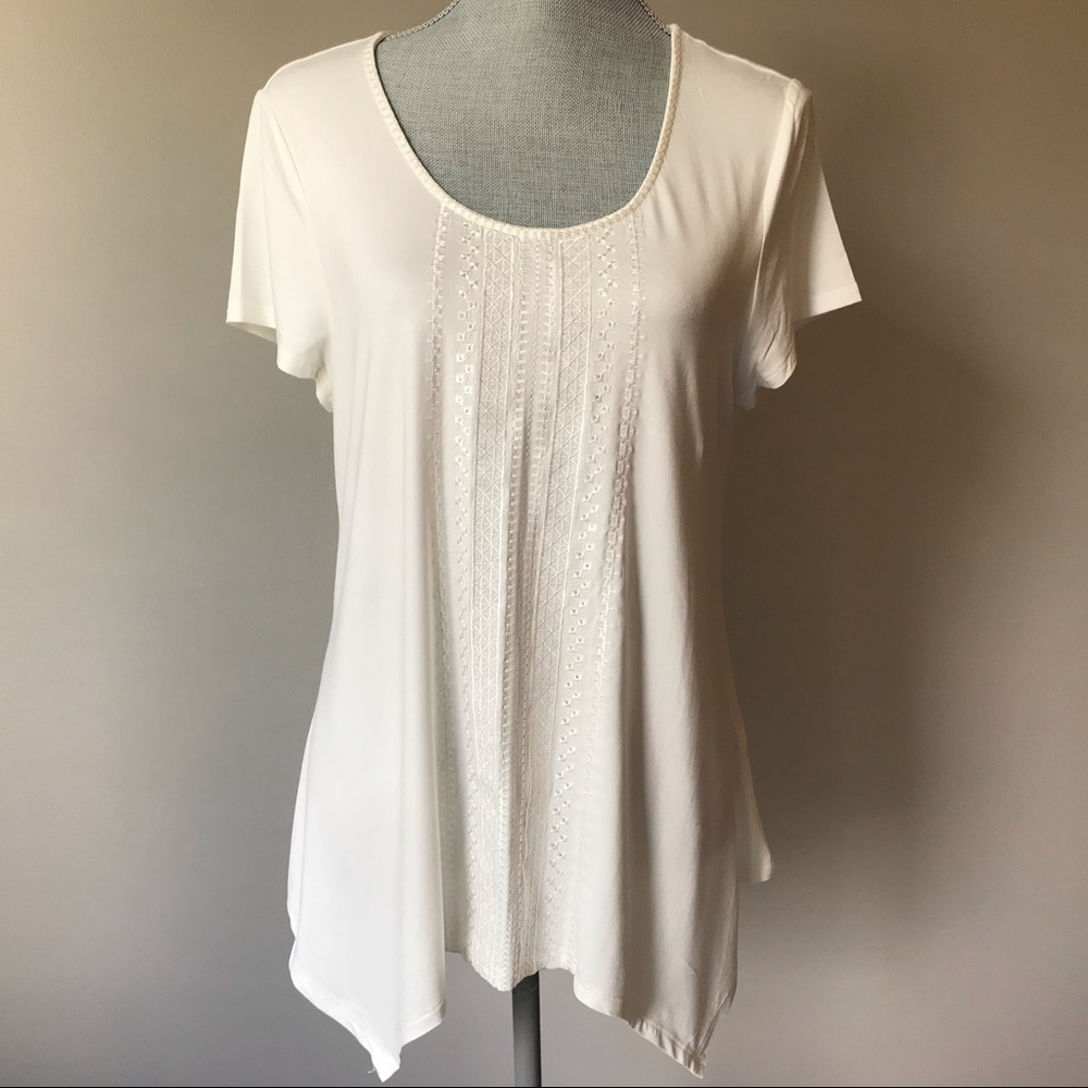 Adrianna Papell Embroidered Sharkbite Top